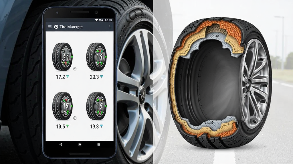 ��������չʾһ����׿�ֻ����ֻ���Ļ��ʾ Tire Manager ���������棬���������ĸ���̥ͼ��ֱ��ע̥ѹ��ֵ������Ϊ������̥��д�빫·���������ֲ������ҷ���������ֻ��Ҳ���̥����ͼ�����Ϊдʵ�Ƽ��磬ϸ�ڰ���̥ѹ���֡��¶ȱ�ʶ����̥���������ʸ��壬�ɾ����޶���Ԫ��