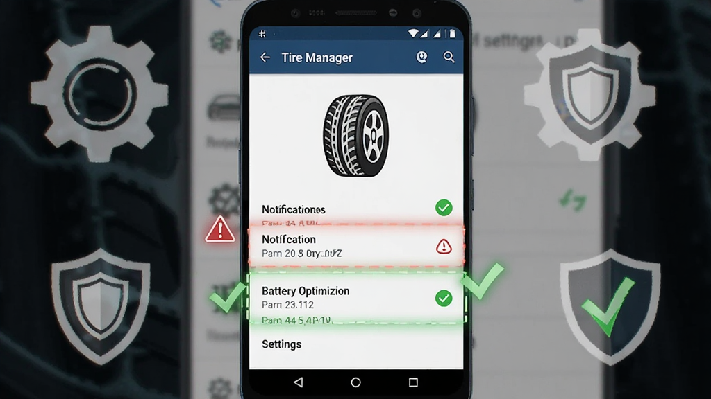 ����չʾһ����׿�ֻ�����Ļ��ʾ Tire Manager ������ҳ�棬����֪ͨȨ�������Ż�ѡ�������ע������Ϊ�ֻ����ò˵�����̥ͼ�꣬����Ϊ�ֻ����У���Χ���Ƴ��������ͼ�꣬���Ϊ�Ƽ�˵���磬ϸ���к�ɫ������������ɫ�Թ������ʸ��壬�ɾ����޶���Ԫ��