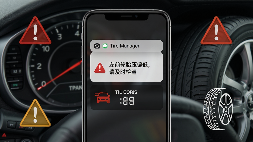 ����չʾһ���ֻ����� Tire Manager �ı�������֪ͨ��֪ͨ����Ϊ����ǰ��̥ѹƫ�ͣ��뼰ʱ��顱������Ϊ�����Ǳ�������̥��д������Ϊ�ֻ����У���Χ���ƾ�ʾͼ������̥���������Ϊдʵ��ʾ�磬ϸ���к�ɫ��̾����̥ѹ���֣����ʸ��壬�ɾ����޶���Ԫ��