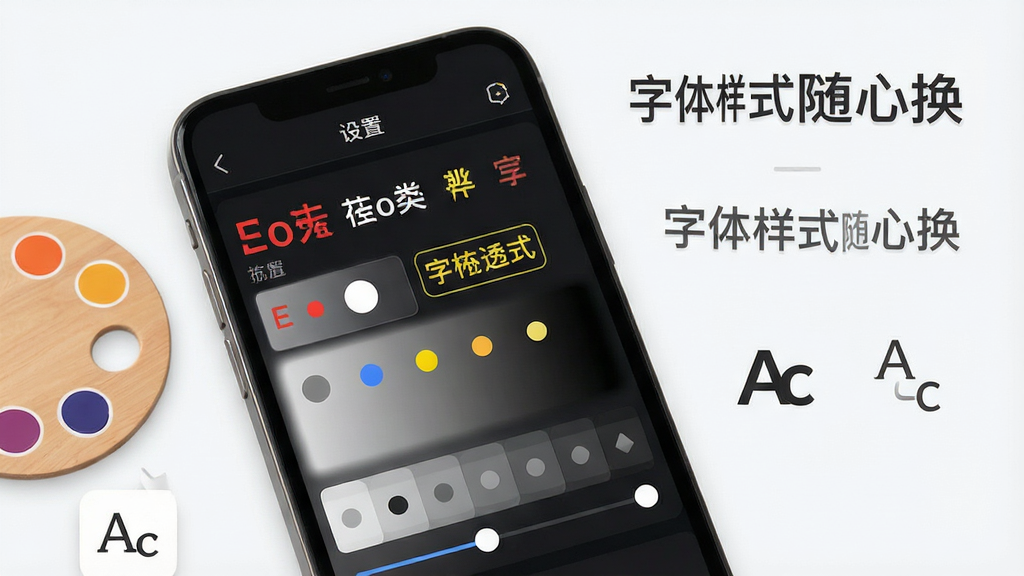 һ��չʾ�����������ʽ�Զ��幦�ܵĽ���ͼ������������һ���ֻ�����Ļ����ʾ�������������壬�����չʾ�˶��������С����ɫ�ͱ���͸���ȵ�Ԥ��Ч�����к�ɫ����ɫ����ɫ�ȶ���������ɫѡ�����͸���ȴ�ȫ͸������͸������չʾ���ֻ��Ա��е�ɫ�������ͼ����Ϊװ��Ԫ�أ�������Ϊ���¼�Լ��UI��ƣ��������룬ϸ�ڰ�����ɫѡ��Բ���͸���Ȼ��飬���ʸ��壬�ɾ��޶���Ԫ�أ���������������Ϊ