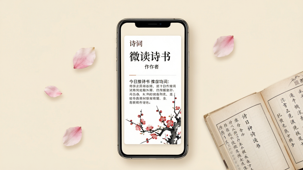 ΢��ʫ��ÿ�վ�ѡ���͹���չʾͼ������������һ���ֻ�����Ļ����ʾ�Ž����Ƽ�ʫ�ʵĿ�Ƭ����Ƭ����ʫ�ʱ��⡢���ߡ����ĺ�һ��ˮī����÷����ͼ���ֻ���Χ��׺�ż�ƬƮ��Ļ����һ��������ʫ��������Ϊ���ŵ��׻�ɫ�����岼�ּ��󷽣������ܰ���գ����ʸ��壬�ɾ����޶���Ԫ��