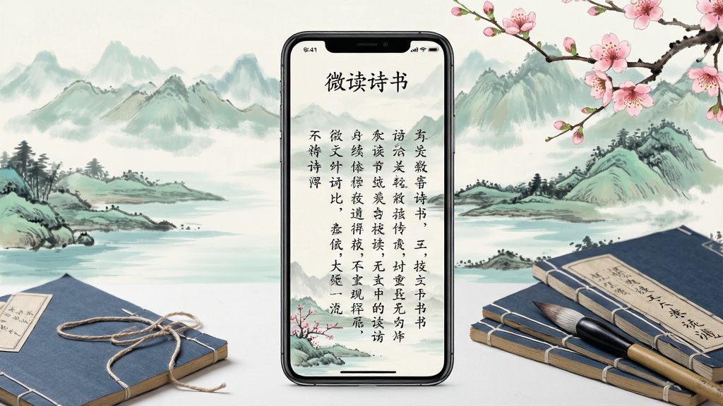 һ��չʾ΢��ʫ��Ӧ�ý����ͼƬ������������һ�������ֻ����ֻ���Ļ����ʾ�Źŷ����ʫ���Ķ����棬�����ǵ��ŵ�ˮīɽˮ����Զ������ɽ��ˮ���������һ�ʢ�����ֻ��Ա�ɢ���ż�����װ�ż���һ֧ë�ʣ����岼�ֲ��þ��й�ͼ�����Ϊ�й���ŵ���ѧ��ϸ�����ֻ���Ļ�����������ɼ�ʫ�ʱ��������ģ����ʸ��壬�ɾ����޶���Ԫ��