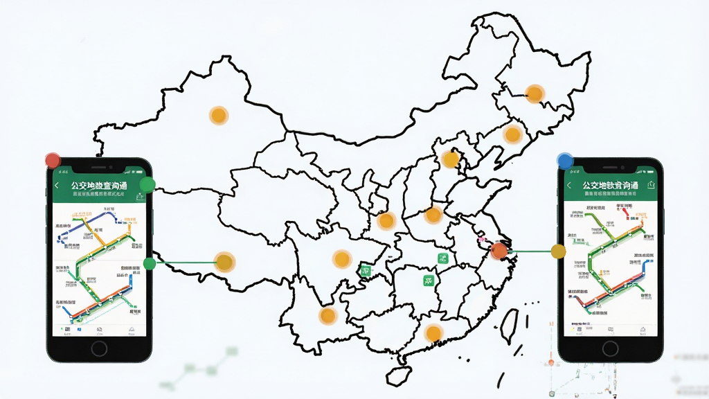 一幅展示多城市地图切换概念的插画,画面中有一张中国地图轮廓,多个城市位置用彩色圆点标注,每个圆点连接着一部手机屏幕,屏幕上显示“公交地铁查询通”的不同城市公交线路界面,整体风格简洁明快,画质干净,无杂乱元素。