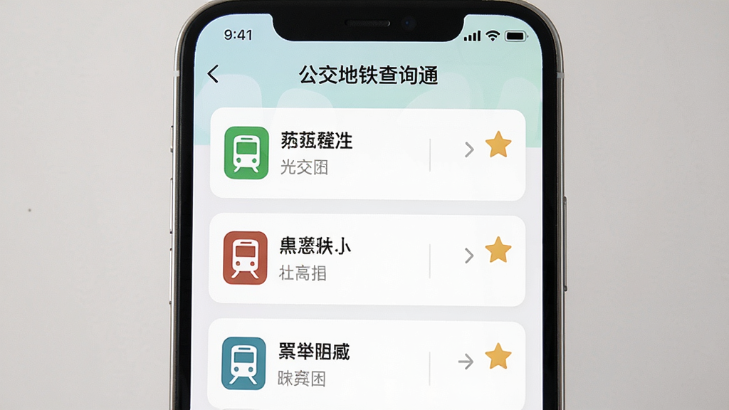 一张手机应用收藏夹界面的展示图,屏幕中显示“公交地铁查询通”的收藏管理页面,列表中有多条公交和地铁线路卡片,每个卡片带有线路名称、方向箭头和收藏星标,界面配色柔和,背景干净,画质清晰,无多余元素。