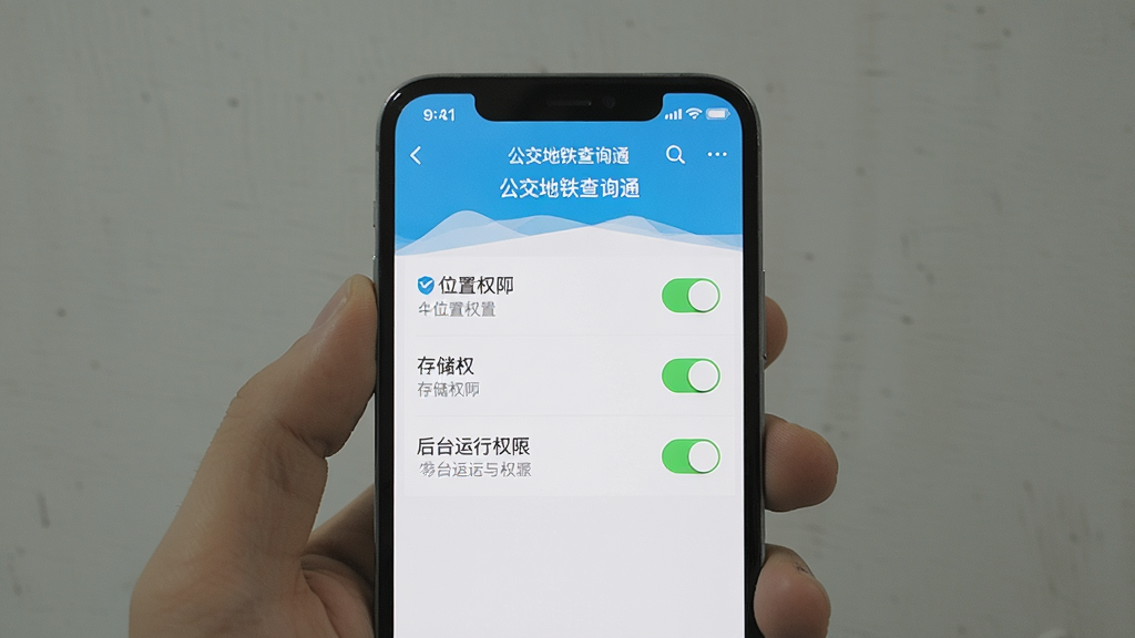 一张展示手机应用权限设置界面的图片,画面中手机屏幕显示“公交地铁查询通”的权限管理页面,包含位置权限、存储权限、后台运行权限的开关按钮,界面风格简洁清晰,背景为浅色,画质干净,无多余元素。
