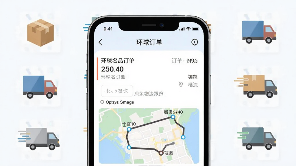 一张展示环球名品APP订单与物流跟踪界面的图片,手机屏幕显示订单列表和物流轨迹地图,背景有包裹、卡车等小图标,布局居中,风格简洁实用,细节清晰,画质干净,无多余元素