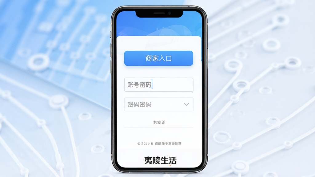 ��������Ϊ�ֻ���Ļ��ʾ��������APP���̼ҹ�����¼���棬���������С��̼���ڡ���ť���˺���������򣻲��ֲ��þ��жԳ�ʽ�Ű棬����Ϊ�������׽��䣻���Ϊ����Ƽ��磬�������䣻ϸ�ڰ����������������ʾ���֡��ײ���Ȩ��Ϣ�롰�������Logo������Ҫ����塢�ɾ����޶���Ԫ��