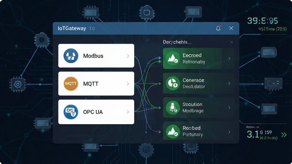 һ��չʾIoTGateway���������ͼƬ������������IoTGateway��Э��������壬����г�Modbus��MQTT��OPC UA��Э��ͼ�꣬�Ҳ���ʾ�豸����״̬Ϊ��ɫ���ߣ���������ɫ�Ƽ�������������ͼ�����Ϊ��ƽ��UI��ƣ�ϸ�ڰ������������Ķ���������ʵʱ��ֵ�����������������ɾ����޶���Ԫ��
