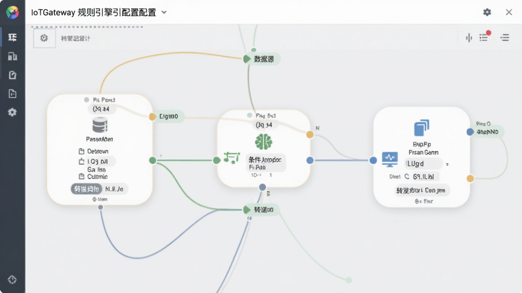 IoTGateway�����������ý��棬����չʾһ����קʽ�����̱༭�����ڵ��������Դ�������жϡ�ת��Ŀ�꣬��������������Ϊǳ��ɫ�����������Ϊ�������磬ϸ�ڰ����ڵ�ͼ��Ͳ�����ǩ�������������ɾ����޶���Ԫ��