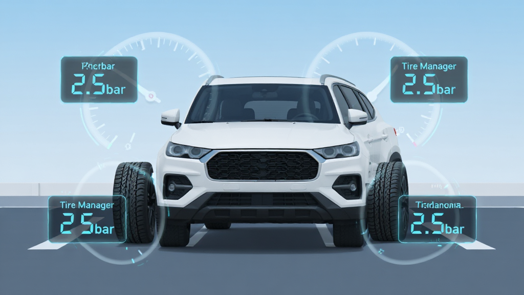 ������һ����ɫSUV����ͣ�ڻ���ͣ�������ĸ���̥�������Ű�͸���������Ǳ�����ʾ̥ѹ��ֵ������Ϊ�������С��Ǳ��̻������ܣ��Ű������������Ϊ�Ƽ��б�ƽ����ƣ�ϸ�ڰ�����̥�������������ַ���Ч��������Ϊǳ��ɫ���䣬���ʸ��塢����ɾ����޶���Ԫ�أ�ͼ�����ֱ�ע