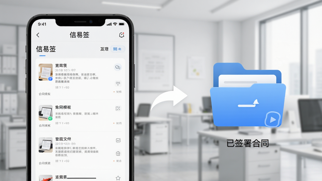 �������չʾ������ǩ��Ӧ���еĺ�ͬģ���б����棬�Ҳ�չʾ��ǩ���ͬ�Ĺ鵵�ļ���ͼ�꣬�м��ü�ͷ���ӱ�ʾ���̣�����Ϊǳ��ɫ�칫���������ü���UI���ϸ�����������ʸɾ����޶���Ԫ��