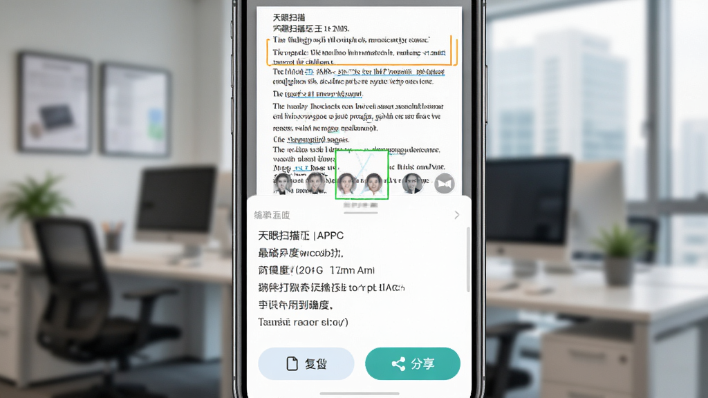 ����չʾ����ɨ����APP������ʶ���ܽ��棬�ֻ���Ļ�ϰ벿����ʾһ�Ű��������Ӣ�����ֵ��ĵ�ͼƬ���°벿����ʾ��ȡ���Ŀɱ༭�ı���������Ƽ�࣬�и��ƺͷ�����ť������Ϊ�黯�İ칫�ҳ��������Ϊ�ƶ�Ӧ�ý���չʾ��ϸ�ڰ�������ʶ���׼ȷ�����֡����水ť��ͼ����ƣ��������������ֺ������޶���Ԫ�ء�