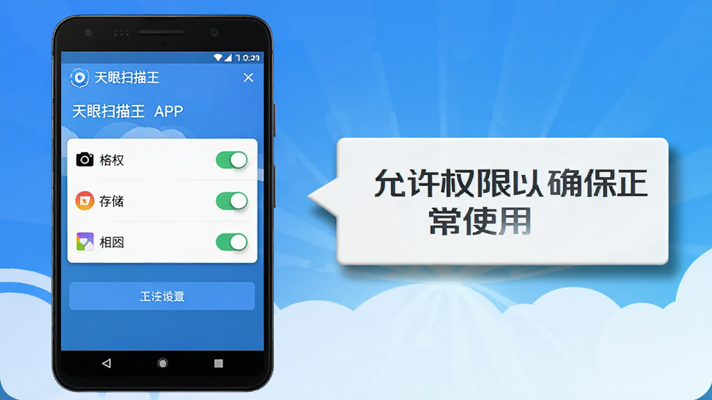 ����չʾһ����׿�ֻ����ֻ���Ļ��ʾ����ɨ����APP��Ȩ�����ý��棬��������������洢������Ȩ�޿��أ��ֻ��Ա���һ����ʾ��д�š�����Ȩ����ȷ������ʹ�á�������Ϊ���ĿƼ������䣬���Ϊ�ƶ�Ӧ�ý̳�ͼ��ϸ�ڰ������水ť�������ȡ���ʾ�����ӰЧ�������ʸɾ����޶���Ԫ�ء�