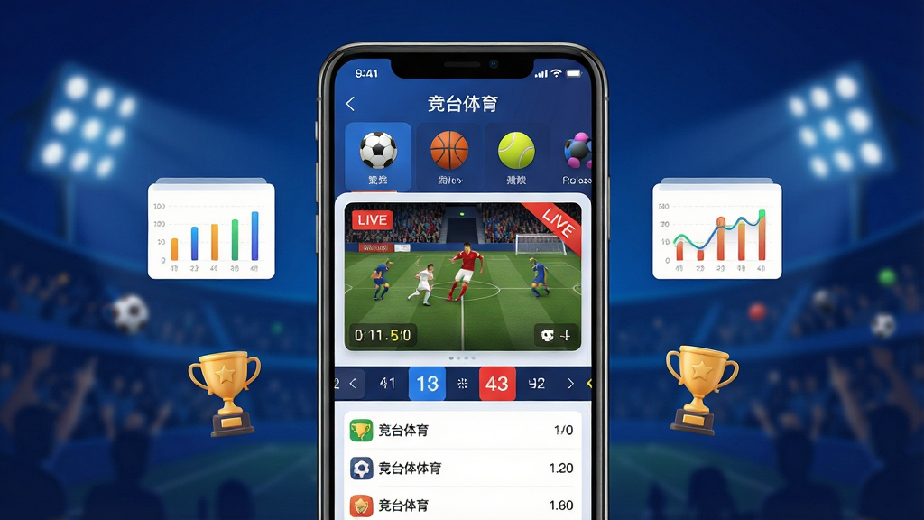画面中央是一部智能手机,屏幕显示“竞台体育”应用主界面,顶部为足球、篮球、网球等运动图标导航栏,中部为正在直播的体育赛事画面,底部为比分滚动条与赛程列表;背景为深蓝色渐变,点缀体育场灯光与观众席虚化轮廓;布局采用居中对称,手机两侧漂浮小型数据图表与奖杯图标;风格为现代科技感UI展示图,细节包括比分数字高亮、直播标签红色角标、运动图标微立体;画质清晰,干净,无多余元素