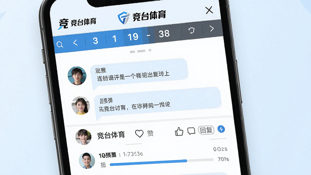 画面为“竞台体育”社区互动界面,手机屏幕中央显示比赛讨论区,用户头像与评论气泡排列整齐,顶部有比分条与“竞台体育”标志;布局采用上下结构,上方为赛事信息,下方为评论列表;风格为社交应用截图展示,细节包括点赞图标、回复按钮、预测投票进度条;背景为白色与浅蓝搭配,干净清爽,无多余元素