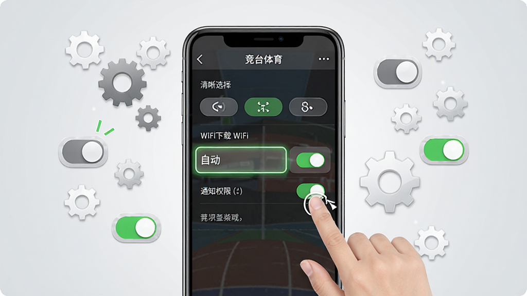 画面为“竞台体育”设置界面截图,手机屏幕显示清晰度选择、WiFi下载开关、通知权限等选项,旁边有手指点击操作示意;布局为手机居中,周围漂浮齿轮与开关图标;风格为教程说明图,细节包括高亮选中的“自动”清晰度选项、绿色开启状态开关;背景为浅灰渐变,干净,无多余元素