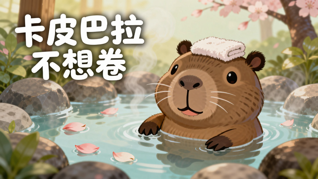 一只卡皮巴拉泡在冒着热气的温泉中,温泉周围是圆润的石头和绿色的植物,画面左上角用白色圆体字写着