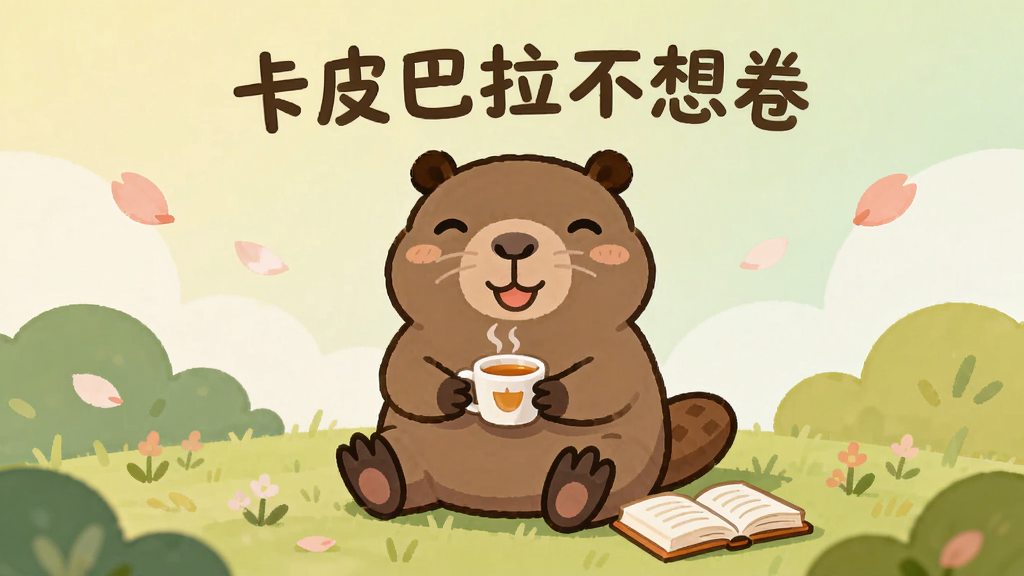 一只圆润可爱的卡皮巴拉坐在柔软的草地上,周围环绕着低矮的灌木和飘落的花瓣,画面中央用柔和的字体写着