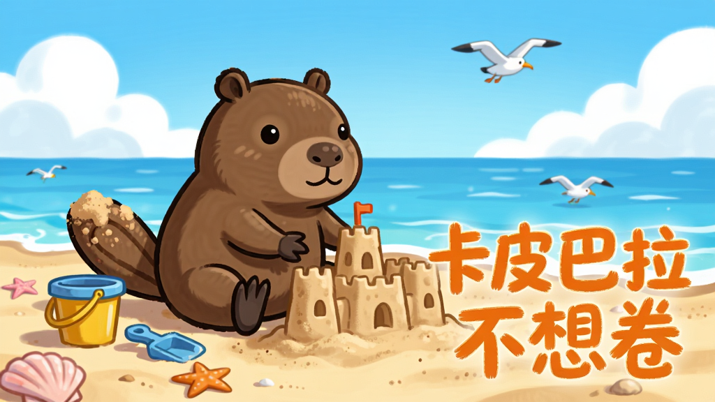 一只卡皮巴拉坐在海边沙滩上堆沙堡,旁边放着小桶和铲子,背景是蓝色的大海和白色的云朵,画面右下角用橙色字体写着