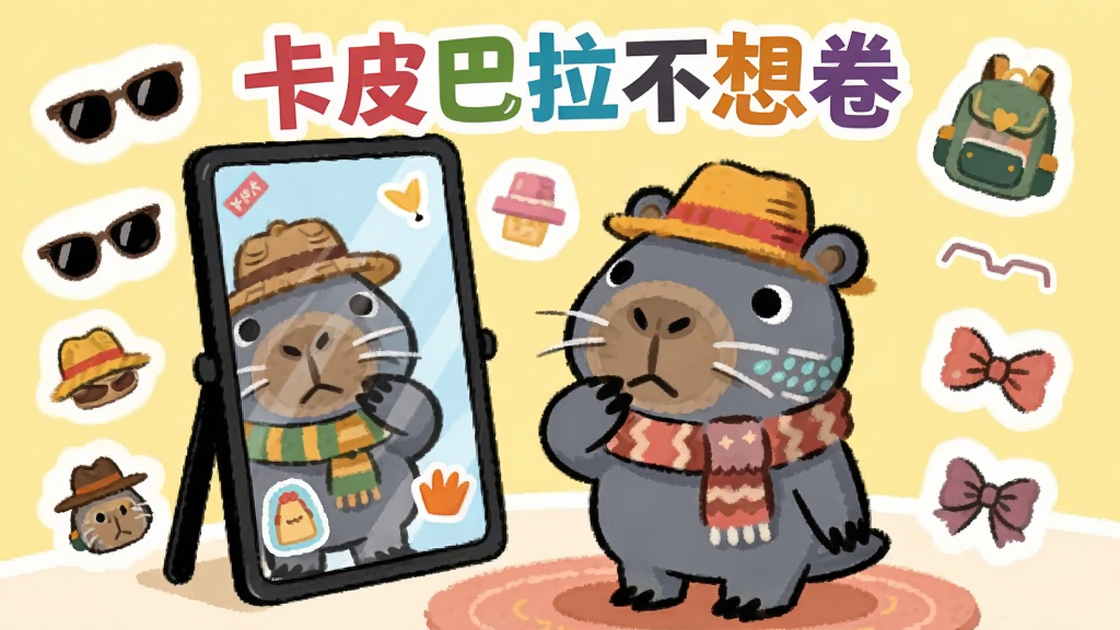 一只卡皮巴拉站在镜子前试戴不同款式的帽子和围巾,周围漂浮着各种配饰图标如墨镜、背包、蝴蝶结,画面顶部用彩色字体写着