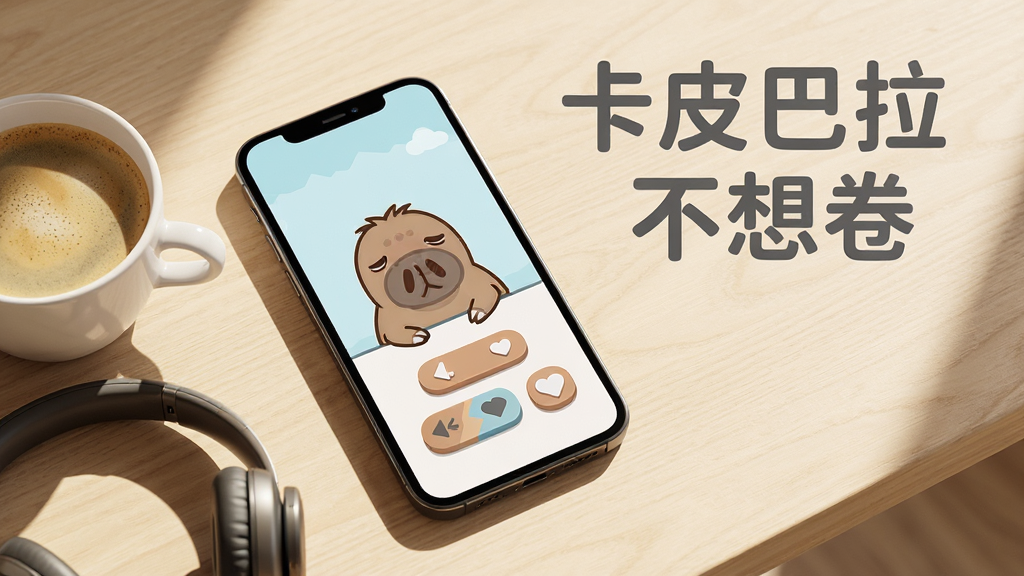 一部智能手机屏幕上显示卡皮巴拉游戏界面,手机旁边放着一杯咖啡和一副耳机,背景是简洁的木纹桌面,画面右上角用灰色字体写着