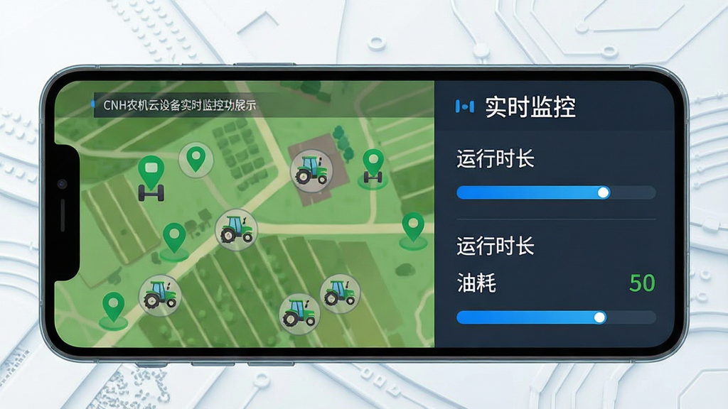CNH农机云设备实时监控功能展示,画面以手机屏幕为主体,屏幕中显示农田地图与多个农机图标,旁边有数据面板展示运行时长与油耗,背景为简洁的浅色科技纹理,布局左右分栏,排版清晰,风格为扁平化插画,细节包含绿色定位点、蓝色数据条、白色文字“实时监控”,画质高清,干净,无多余元素