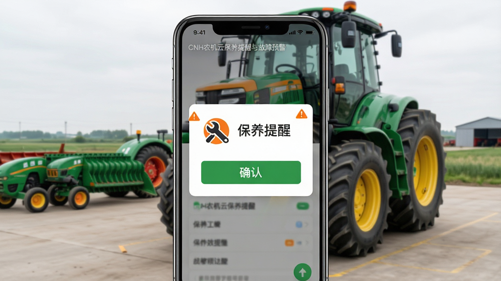 CNH农机云保养提醒与故障预警界面,画面中央为手机屏幕弹出保养提醒卡片,卡片上有扳手图标与文字“保养提醒”,背景为农机停放场景,布局上下结构,排版整洁,风格为现代写实风,细节包含橙色警示标识、绿色确认按钮、白色卡片底色,画质高清,干净,无多余元素