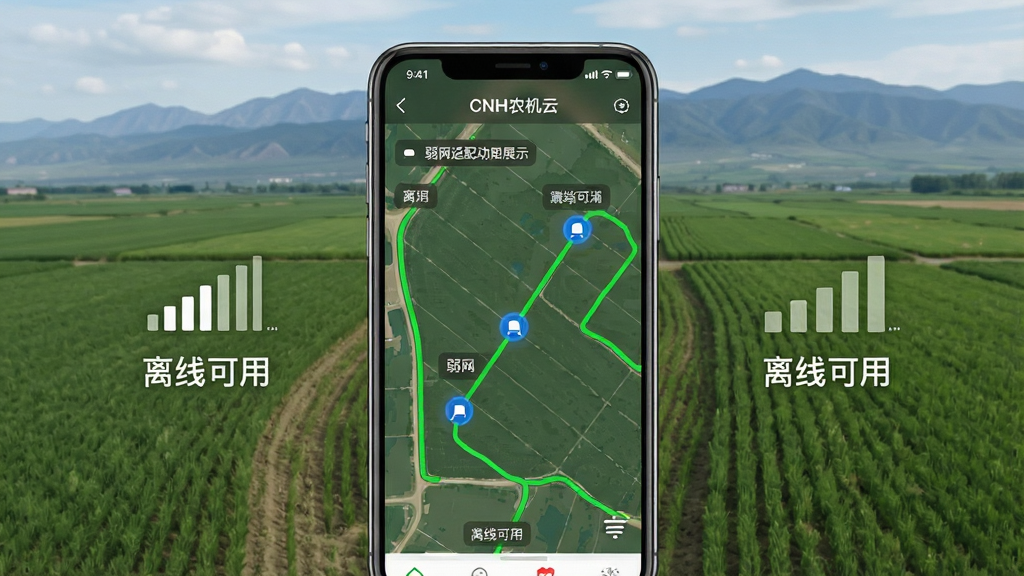 CNH农机云离线地图与弱网适配功能展示,画面为手机屏幕显示农田地图,地图上标注设备位置,屏幕边缘有信号格图标与文字“离线可用”,背景为广阔农田与远山,布局居中,排版简洁,风格为写实风景与UI结合,细节包含绿色地图路线、蓝色设备点、白色文字说明,画质高清,干净,无多余元素