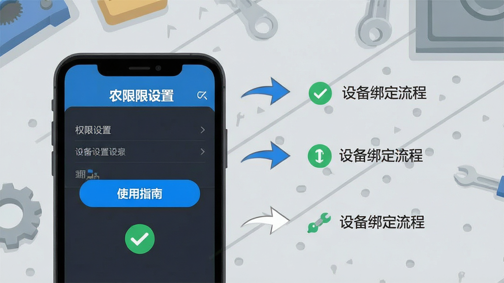 CNH农机云移动端使用指南示意图,画面为手机屏幕展示权限设置页面与设备绑定流程,屏幕旁有箭头指引步骤,背景为浅灰色工作台,布局左右分步,排版清晰,风格为扁平化教程插画,细节包含蓝色高亮按钮、绿色对勾图标、白色文字“使用指南”,画质高清,干净,无多余元素