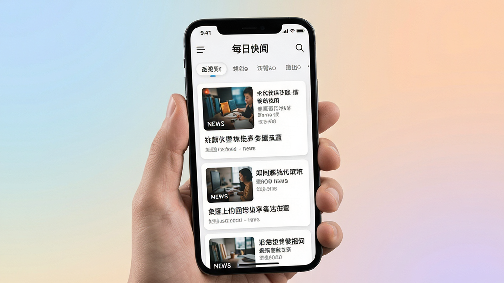 每日快闻应用主界面展示,主体为一部智能手机握在手中,屏幕显示新闻资讯列表界面,布局采用上下滑动卡片式设计,排版清晰有序,风格为现代简约科技感,细节包括顶部导航栏、频道分类标签、新闻缩略图与标题文字,画质高清干净,背景为柔和渐变色调,无多余元素