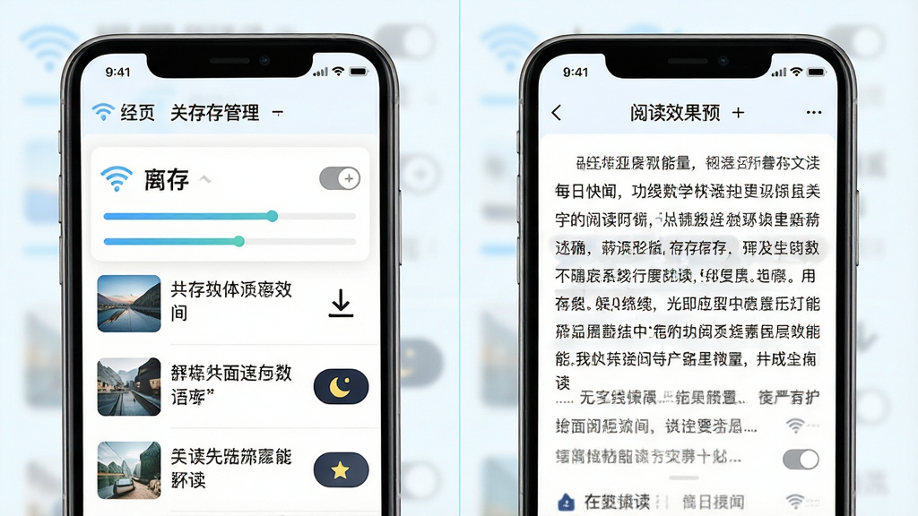 每日快闻离线阅读功能展示图,主体为手机屏幕显示已缓存的新闻列表与阅读界面,布局采用左右分栏对比设计,排版左侧为缓存管理界面右侧为阅读效果预览,风格为清新浅色系,细节包括WiFi图标、下载箭头、缓存进度条、夜间模式切换按钮,画质清晰,画面整洁,无多余元素