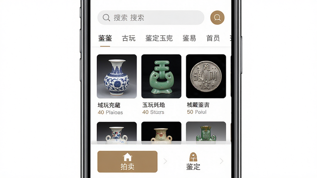 域鉴 软件 主界面 古玩 鉴定 交易 应用 展示 图 主体为一部 手机 屏幕 中 显示 域鉴 APP 的 首页 布局 上方 有 搜索 栏 和 分类 导航 中间 展示 瓷器 玉器 钱币 等 古玩 藏品 卡片 下方 有 拍卖 和 鉴定 入口 按钮 整体 排版 清晰 风格 为 移动端 应用 界面 设计 细节 包括 图标 文字 按钮 和 藏品 缩略图 画质 高清 干净 无 多余 元素
