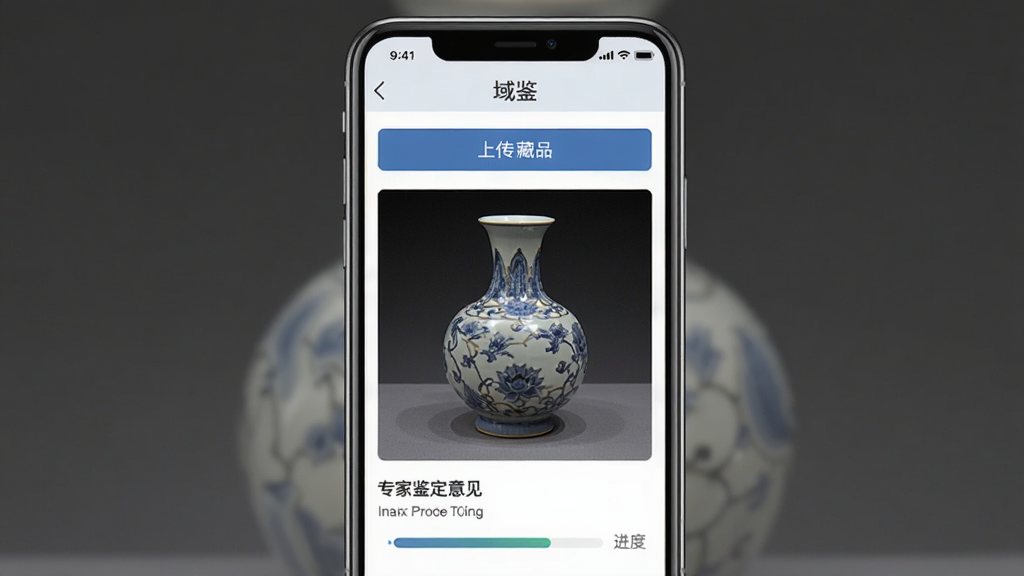 域鉴 在线 鉴定 功能 展示 图 主体为 手机 屏幕 显示 域鉴 APP 的 鉴定 页面 上方 有 上传 藏品 图片 的 按钮 中间 展示 一张 瓷器 照片 下方 有 专家 鉴定 意见 和 进度 条 布局 为 移动端 界面 排版 风格 简洁 专业 细节 包括 图标 文字 和 藏品 图片 画质 高清 干净 无 多余 元素