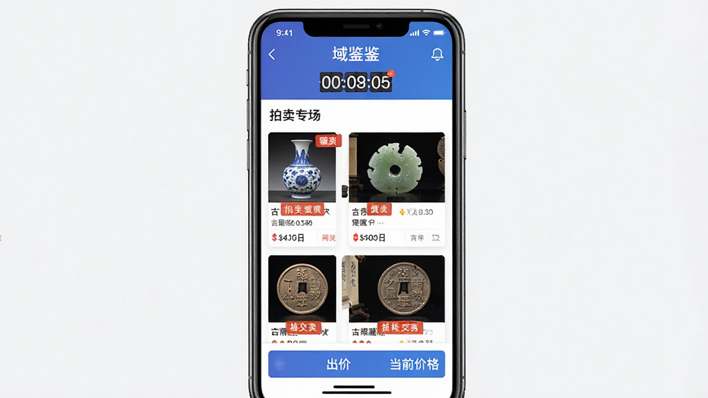 域鉴 拍卖 交易 功能 展示 图 主体为 手机 屏幕 显示 域鉴 APP 的 拍卖 专场 页面 上方 有 倒计时 和 专场 名称 中间 展示 多件 古玩 藏品 的 拍卖 卡片 包括 瓷器 玉器 和 钱币 下方 有 出价 按钮 和 当前 价格 布局 为 移动端 列表 式 排版 风格 为 电商 拍卖 风格 细节 包括 藏品 缩略图 价格 标签 和 倒计时 画质 高清 干净 无 多余 元素