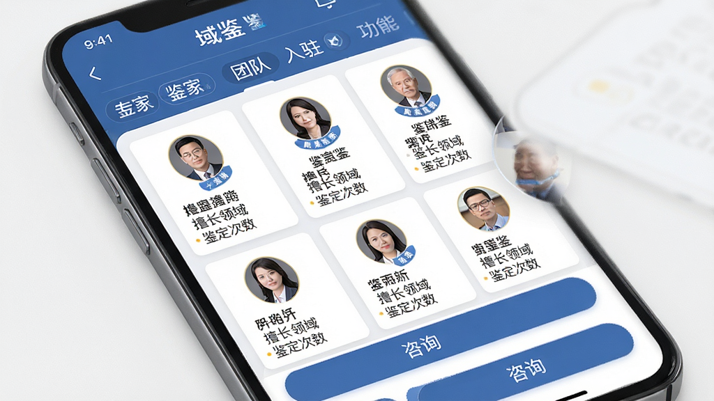 域鉴 专家 团队 入驻 功能 展示 图 主体为 手机 屏幕 显示 域鉴 APP 的 专家 列表 页面 上方 有 分类 筛选 标签 中间 展示 多位 鉴定 专家 的 头像 和 简介 卡片 包括 姓名 擅长 领域 和 鉴定 次数 下方 有 咨询 按钮 布局 为 移动端 网格 式 排版 风格 为 专业 服务 风格 细节 包括 专家 头像 资质 标签 和 按钮 图标 画质 高清 干净 无 多余 元素