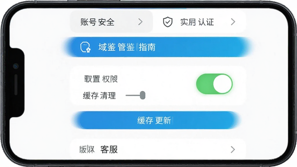 域鉴 移动端 使用 指南 展示 图 主体为 一部 手机 屏幕 中 显示 域鉴 APP 的 设置 和 权限 管理 页面 上方 有 账号 安全 和 实名 认证 选项 中间 展示 权限 开关 和 缓存 清理 按钮 下方 有 版本 更新 和 客服 入口 布局 为 移动端 列表 式 排版 风格 为 工具 类 应用 设置 界面 细节 包括 图标 文字 和 开关 按钮 画质 高清 干净 无 多余 元素