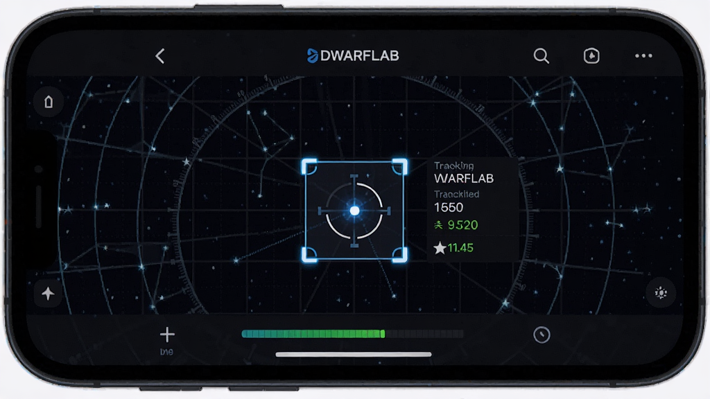 һ��DWARFLABӦ����������׷�ٹ��ܵ�AI����ͼƬ���������ֻ���Ļ��ʾDWARFLAB App����ͼ���棬��������һ������������Ŀ�걻������ѡ�У��Ա���ʾ׷�ٲ�����������������ǿգ����ֲ����ֻ���Ļ��дռ�����棬���Ϊ��ɫ�Ƽ��磬ϸ�ڰ�����ͼ����Ŀ��������׷��״ָ̬ʾ�����ֻ��߿�Բ�󣬻��ʸ��壬�ɾ����޶���Ԫ��