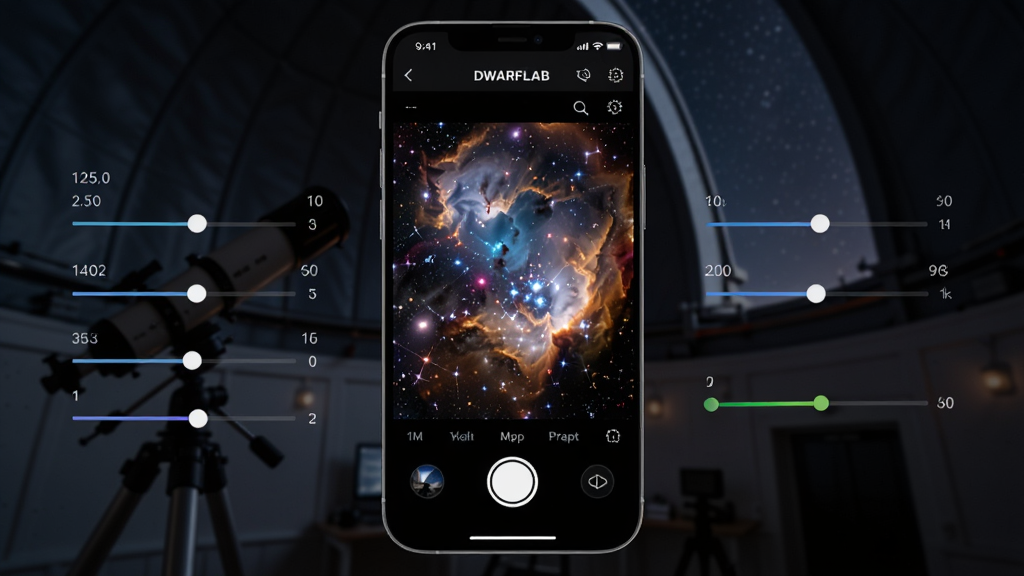 һ��DWARFLABһ�������Ӱ���ܵ�AI����ͼƬ���������ֻ���ĻչʾDWARFLAB App��������棬��Ļ����ʾһ�����ںϳɵ�������Ƭ����Χ��������������ͽ����������ֲ����ֻ����У�����Ϊ��ɫ���Ĺ۲⻷�������Ϊרҵ��Ӱ��Ƽ���ϣ�ϸ�ڰ�������ɫ�ʲ�Ρ��������顢���㰴ť�����ʸ��壬�ɾ����޶���Ԫ��