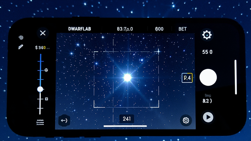 һ��DWARFLABʵʱȡ����Խ����ܵ�AI����ͼƬ���������ֻ���Ļ��ʾDWARFLAB App��ʵʱȡ�����棬��������һ�������ĺ��Ǻ���Χ�ǳ�����Ļ��Ե�жԽ�����Ͳ�����ʾ�����ֲ����ֻ���Ļ��д������Ϊ����ɫҹ�գ����Ϊ��ʵ���Ĺ۲���ϸ�ڰ����ǵ������ȡ��Խ��̶ȡ��ع���������ʸ��壬�ɾ����޶���Ԫ��