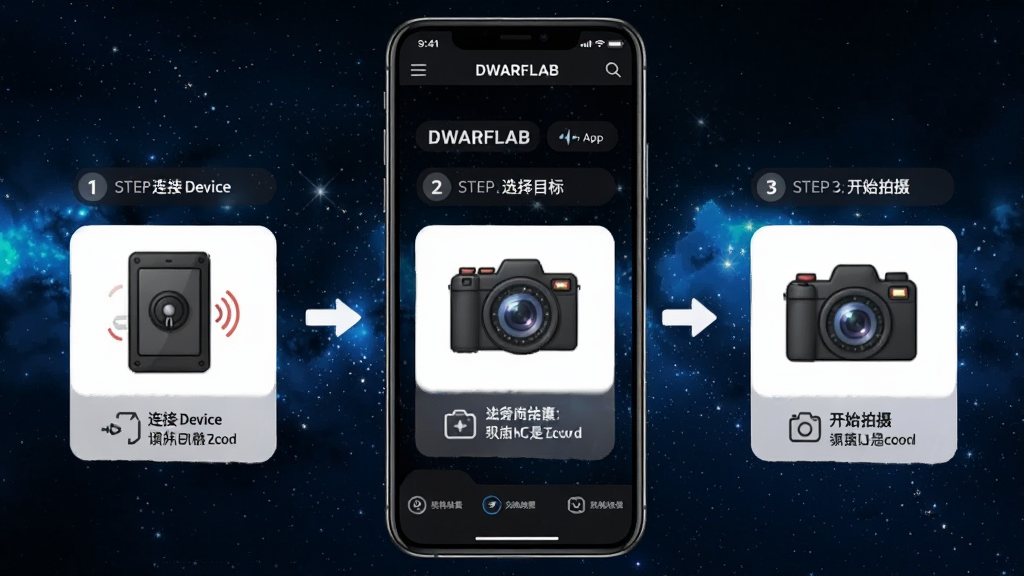һ��չʾDWARFLABӦ�����ֲ���ָ�ϵ�AI����ͼƬ���������ֻ���Ļ��ʾDWARFLAB App�Ĳ���������棬�������������豸��ѡ��Ŀ�ꡢ��ʼ�������������ͼʾ�����ֲ����ֻ���Ļ����չʾ������Ϊ��ɫ�ǿգ����Ϊ�̳���Ӧ�ý��棬ϸ�ڰ��������š���ͷָʾ���豸ͼ�꣬���ʸ��壬�ɾ����޶���Ԫ��