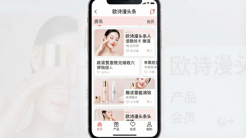 һ�������ֻ���Ļ��д����Ļ��ʾ��ŷʫ��ͷ����APP�����棬���涥����Ʒ��Logo���м�����Ѷ��Ƭ�ٲ�����չʾ������ƷͼƬ�ͱ��⣬�ײ��е�����������ҳ����Ʒ����Ա���ҵĵ�ͼ�꣬���������µ��ţ��԰�ɫ�͵���ɫΪ��ɫ���������������ɾ��޶���Ԫ�أ����й�ͼ