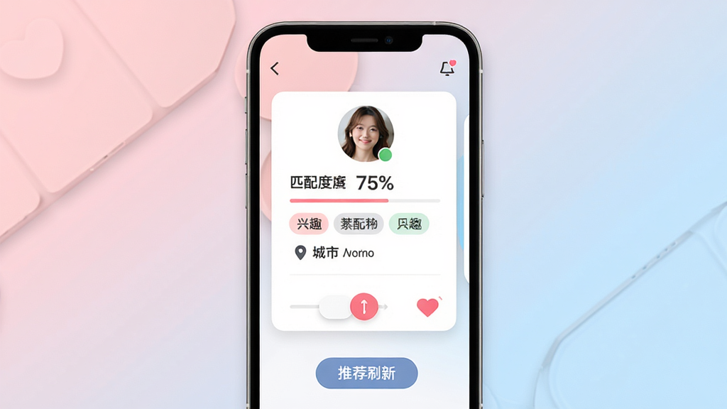 �������׽�������ƥ���Ƽ����棬���������ֻ���Ļ��ʾƥ���Ƽ���Ƭ����Ƭ�����û�ͷ��ƥ��Ȱٷֱȡ���Ȥ��ǩ������λ�ã�����Ϊ������ǳ�����䣬���ֲ�η������Ű�ͻ����Ƭ��Ϣ����������罻�磬ϸ�ڰ�������������ʾ������ͼ�ꡢ�Ƽ�ˢ�°�ť�����ʸ���ɾ����޶���Ԫ��