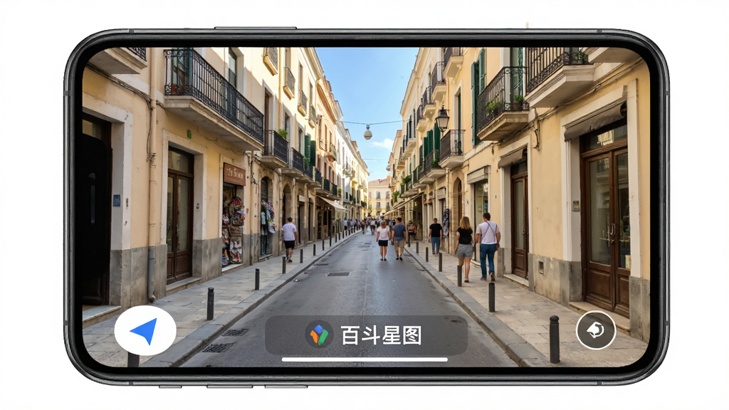 一张展示街景漫游功能的图片,画面模拟手机屏幕显示一条异国街道的实景画面,街道两侧有建筑与行人,屏幕下方有导航箭头与