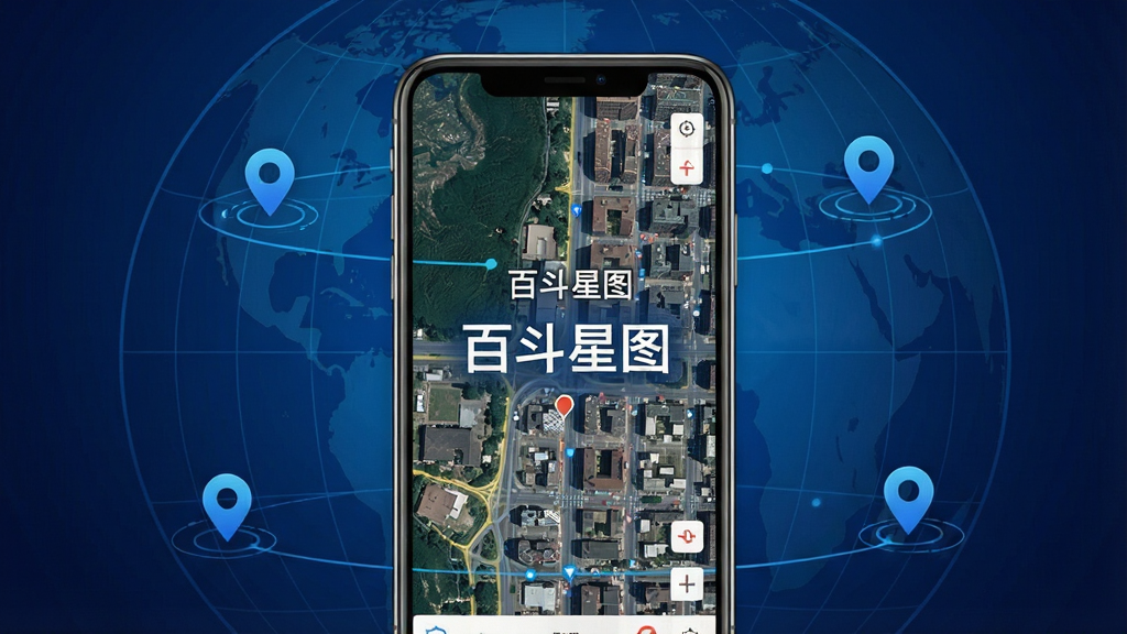 一张展示百斗星图软件界面的整体效果图,画面中央是手机屏幕,屏幕内显示高清卫星地图与城市街景叠加视图,地图上标注有