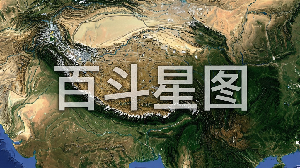 一幅AI生成的卫星地图俯瞰图,画面主体为地球表面局部区域,呈现山脉、河流与城市路网交织的壮丽景观,地图上叠加