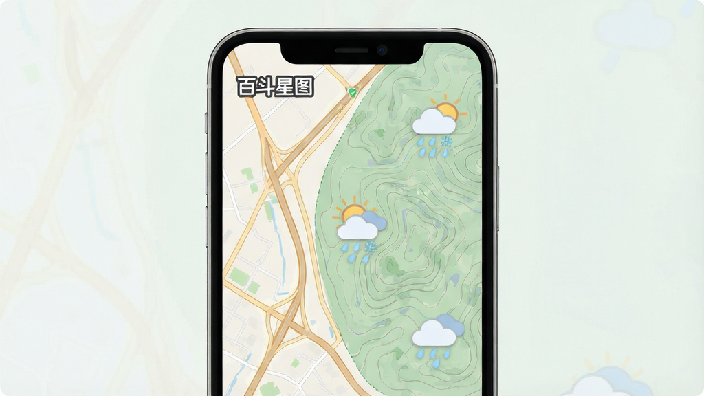 一张展示地图图层叠加功能的示意图,画面中一部手机屏幕显示地图界面,地图上同时呈现路网线条、等高线纹理与天气图标,屏幕角落有