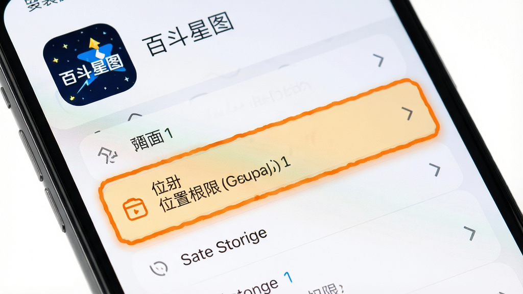 一张展示手机安装应用权限设置界面的图片,画面中手机屏幕显示权限管理列表,存储与位置权限被高亮标注,屏幕上方有