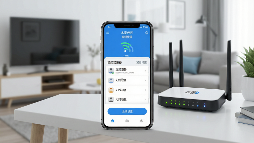 һ��չʾˮ��WiFi�����������ͼƬ�������������һ�������ֻ�����Ļ����ʾˮ��WiFiӦ�õĹ�����壬�����ź�ǿ��ͼ�ꡢ�������豸�б�����������ѡ�ť������Ϊ�ִ��Ҿӿ��������������ϰڷ���һ̨ˮ������·���������岼�ּ�����������ñ�ƽ��UI���ɫ������ɫ�Ͱ�ɫΪ����ϸ�ڰ���·����ָʾ�ƺ��ֻ������ϵ����ֱ�ǩ�����ʸ��壬����ɾ����޶���Ԫ�أ�ͼƬ����������Ϊ��ˮ��WiFi���͡������������
