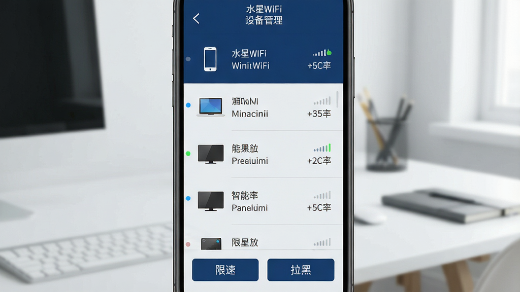 һ��չʾˮ��WiFi�豸���������ͼƬ���������ֻ���ĻΪ���壬��Ļ����ʾ�豸�б��������ֻ����ʼǱ����ԡ����ܵ��ӵ�ͼ�꣬ÿ���豸�����ź�ǿ�Ⱥ�������ֵ����Ļ�·��С����١��͡����ڡ���ť������Ϊ��Լ�İ칫���滷�������ֲ��ô�ֱ�б���ʽ�����Ϊ�ִ�UI��ƣ�ɫ����������ǳ��Ϊ����ϸ�ڰ����豸ͼ���״ָ̬ʾ�㣬���ʸ��壬����ɾ����޶���Ԫ�أ�ͼƬ����������Ϊ��ˮ��WiFi���͡��豸��������