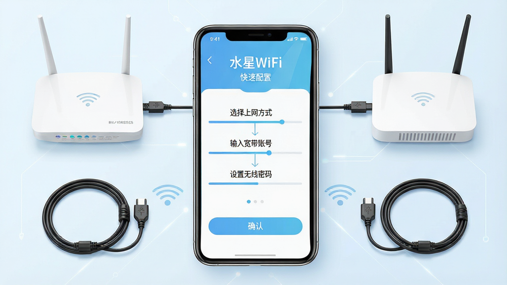 һ��չʾˮ��WiFiһ�����ù��ܵ�ͼƬ���������ֻ���ĻΪ���ģ���Ļ����ʾ�����򵼵Ĳ�������������ѡ��������ʽ������������˺š��������������롱�������裬�ֻ���Χ������·��������è�������ߵ�Ԫ�أ����ֲ������ҶԳƽṹ�����Ϊ���Ƽ��У�ɫ����ǳ���Ͱ�ɫΪ����ϸ�ڰ����������ָʾ��ȷ�ϰ�ť�����ʸ��壬����ɾ����޶���Ԫ�أ�ͼƬ����������Ϊ��ˮ��WiFi���͡��������á���